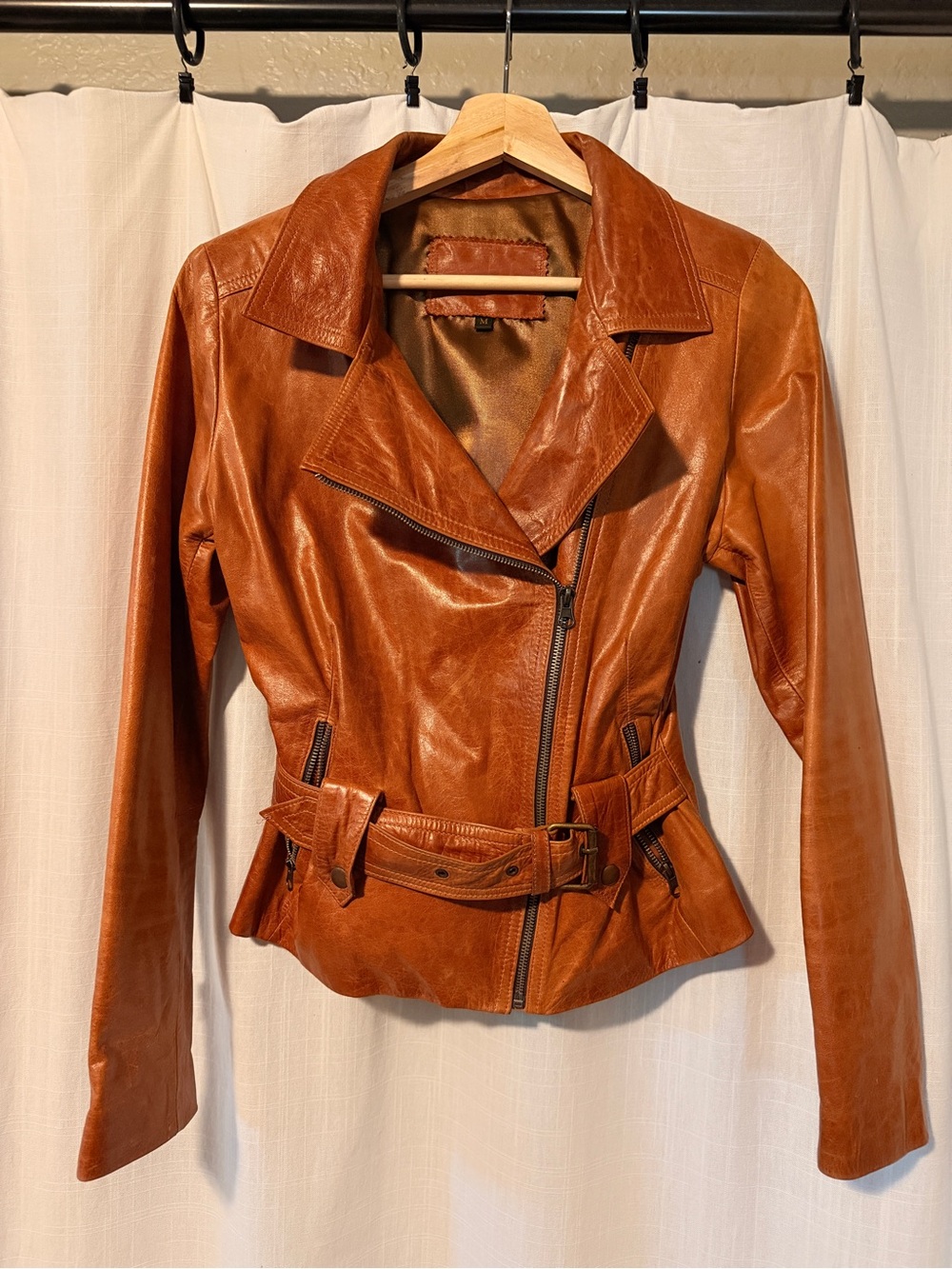 Women's Cognac Leather Belted Moto Jacket
